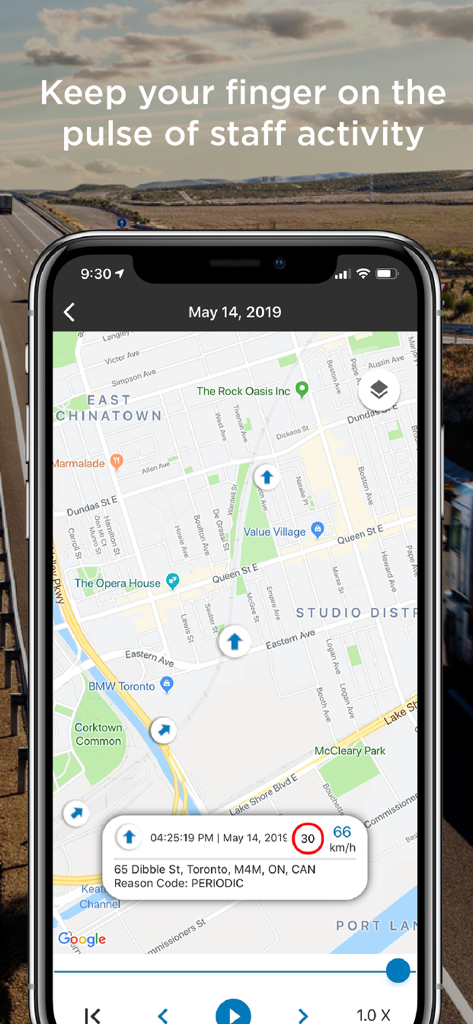 Fleet Complete app screen showing real-time staff activity and asset locations on a map.
