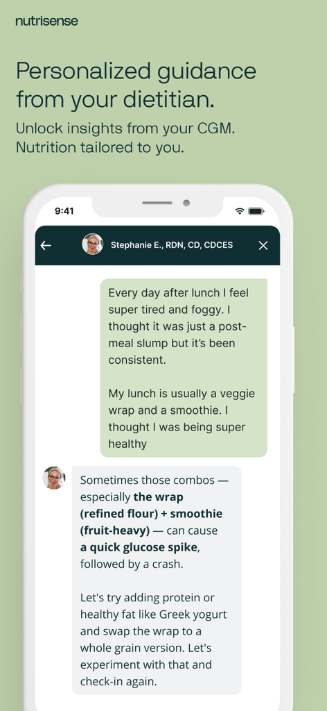 Interface do aplicativo Nutrisense mostrando aconselhamento nutricional personalizado de um nutricionista registrado sobre picos de glicose