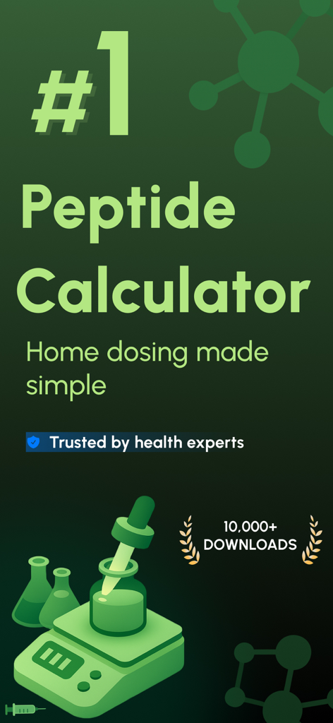 Peptide Calculator App - Interfaz de la app Calculadora de Péptidos mostrando el eslogan de dosificación principal y gráficos de equipos de laboratorio