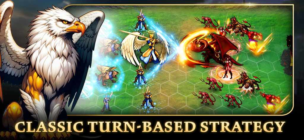 Un grifo junto a una batalla en cuadrícula hexagonal entre ángeles y demonios en un juego de estrategia por turnos.