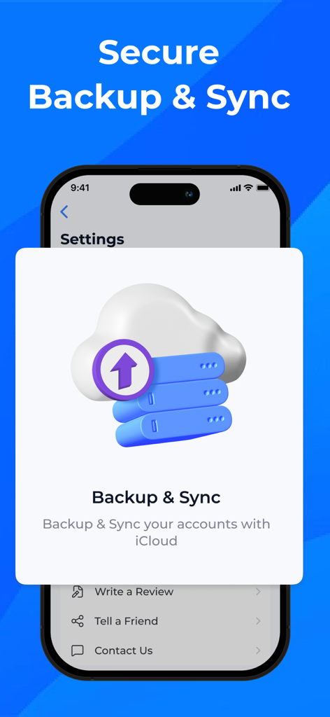 Capture d'écran de l'application d'authentification montrant la fonctionnalité de sauvegarde et de synchronisation sécurisées avec iCloud pour les codes d'authentification à deux facteurs.