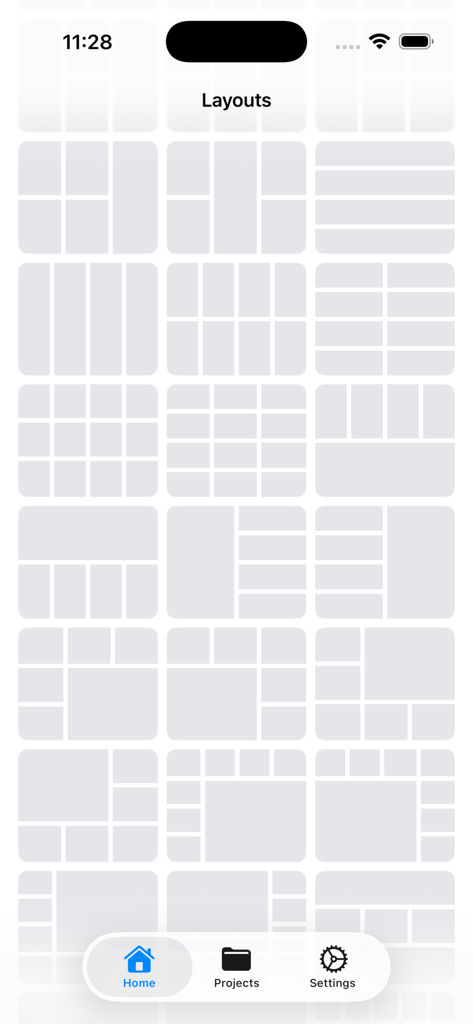 Sehory - Photo Collage Layout - Captura de pantalla de la aplicación Sehory que muestra una variedad de plantillas gratuitas de cuadrículas de collage de fotos