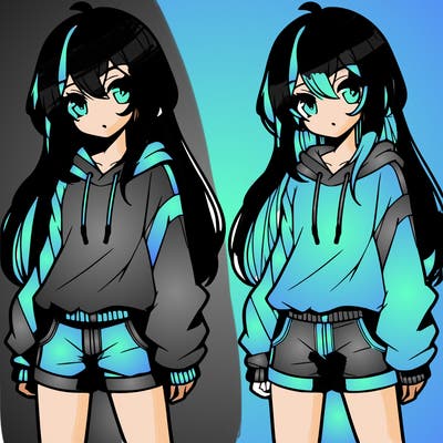anime girl. sweat shirt. long hair. shorts