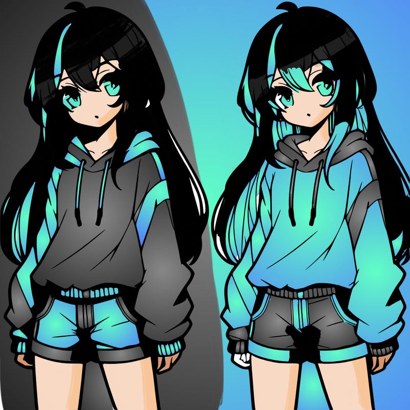 anime girl. sweat shirt. long hair. shorts