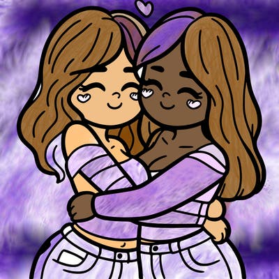 two females (pride month) hugging