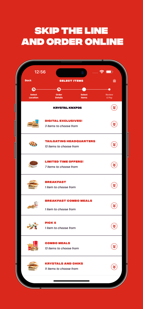 Krystal - Krystal mobile app interface showing a list of food categories like combo meals and breakfast for online ordering.
