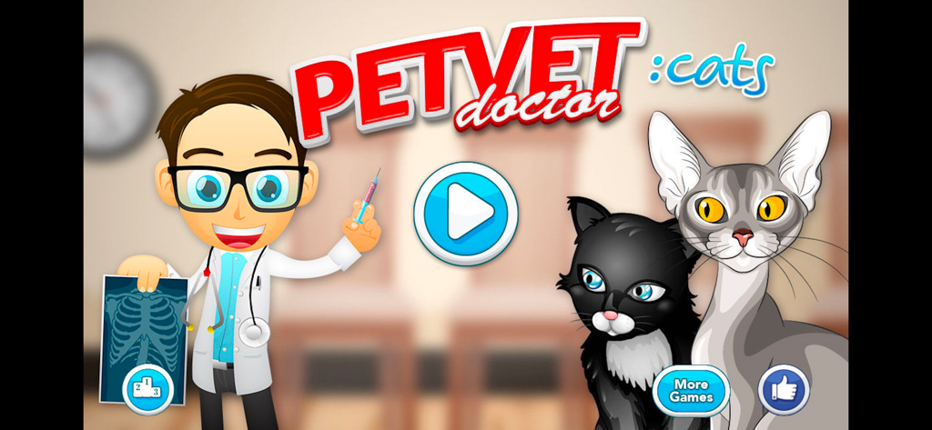 Doctor Games: Pet Vet Cat Care - Main menu screen of Pet Vet Doctor Cats featuring a cartoon veterinarian and two cats