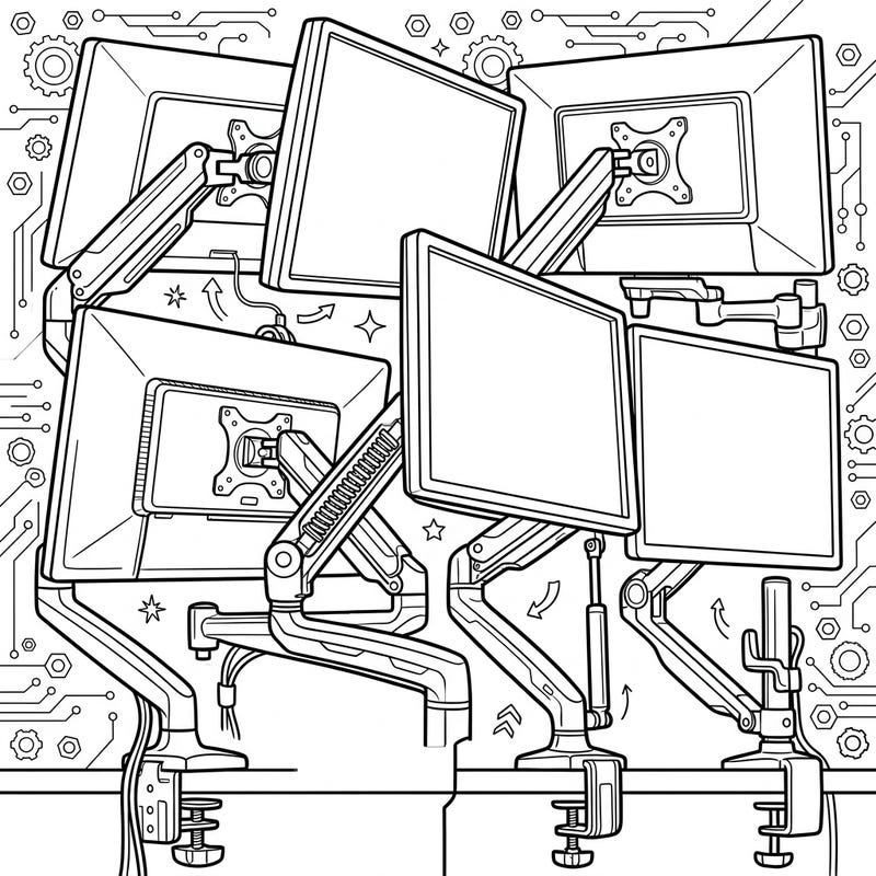 Discover the complex beauty of desk organization with our Monitor Arms & Mounts coloring page. This detailed illustration offers a unique artistic challenge for tech enthusiasts and coloring lovers alike.