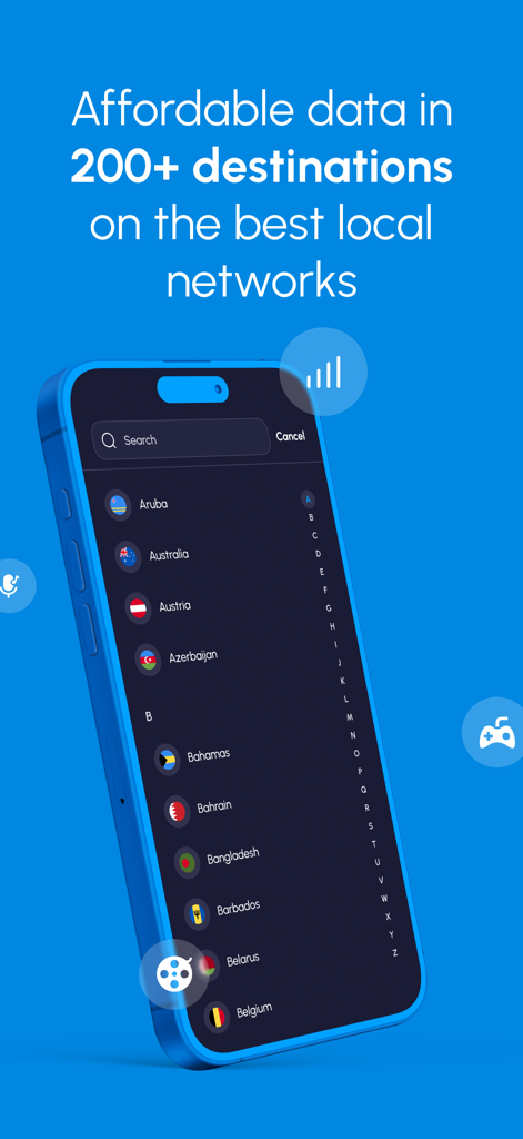 Nomad eSIM app displaying a list of over 200 international destinations for affordable travel data