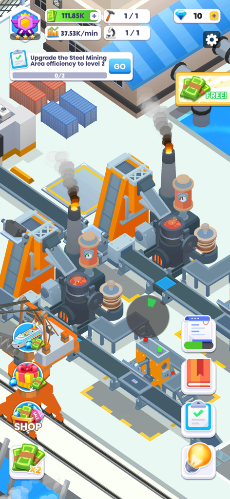 Ship Factory Tycoon - Isometric view of industrial machinery and conveyor belts in a ship factory production area