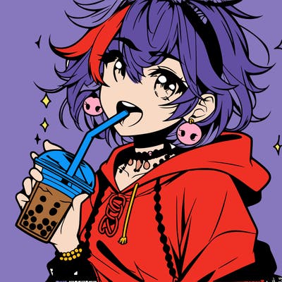 hot baddie anime girl drinking boba and biting the straw