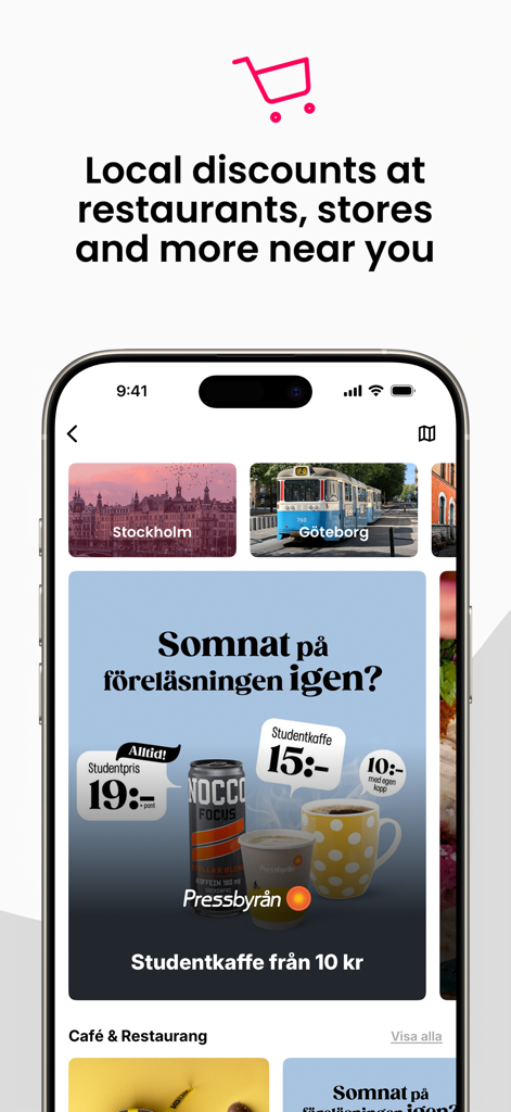 STUK - Smartphone screen showing the STUK app with local student discounts and city categories.