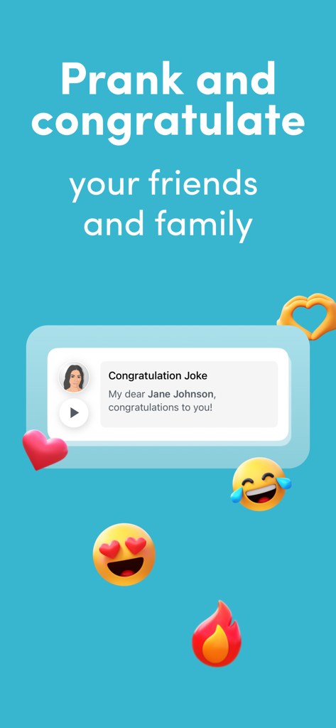 A screenshot of the Parodist app interface showing a personalized celebrity congratulation message surrounded by colorful emojis.