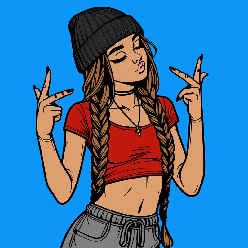 realistic teenage girl with braids and a beanie and crop top doing 🫶🏼