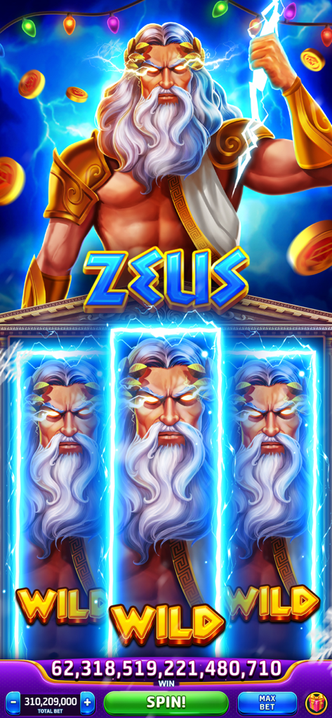 Macchina slot da casinò social a tema Zeus con rulli wild tripli ed effetti fulminei