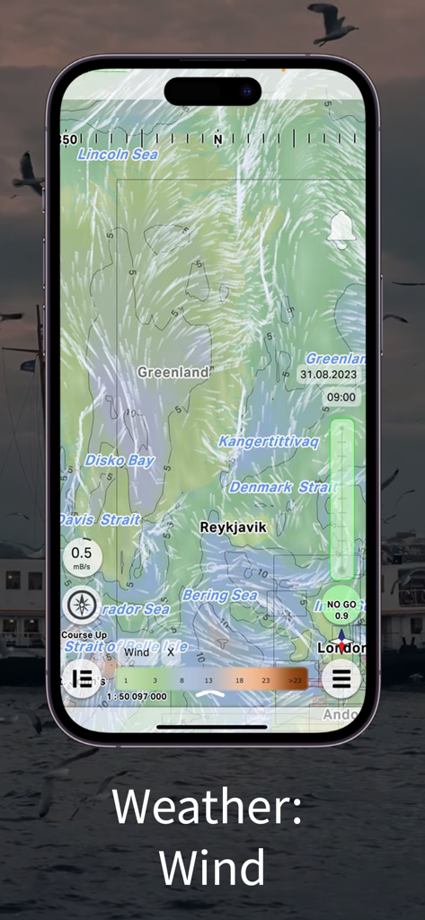 mKart Marine Navigation - mKart Marine Navigation app interface displaying a wind weather forecast overlay on a global nautical chart
