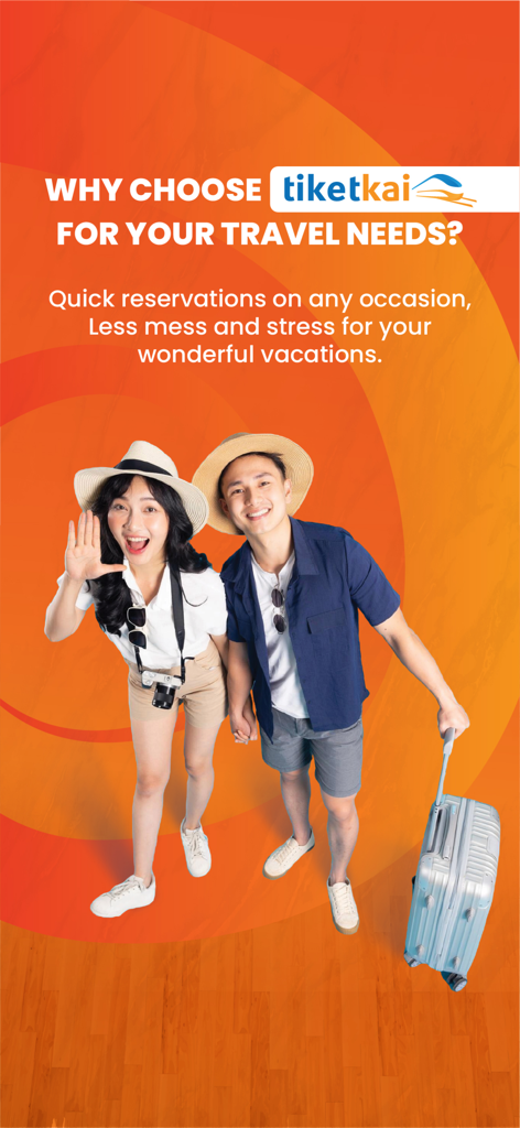 Happy couple using TiketKAI app for easy Indonesian train ticket booking.