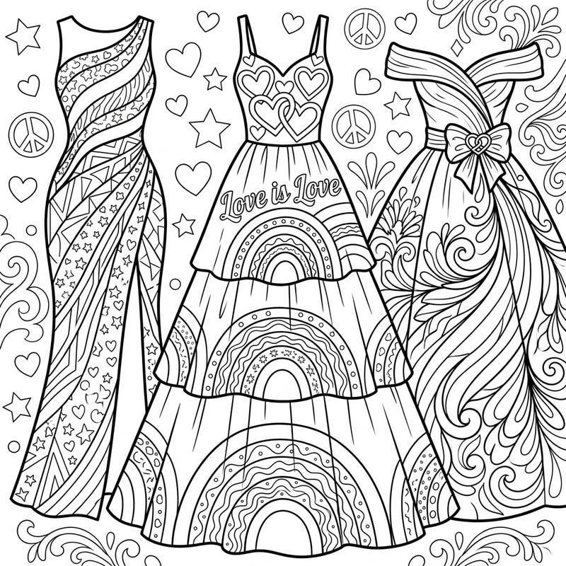 Dive into a world of fashion and inclusivity with these stunning evening dresses designed for Pride Month. Each gown is adorned with symbolic patterns, ready for you to bring them to life with vibrant colors and celebrate love.