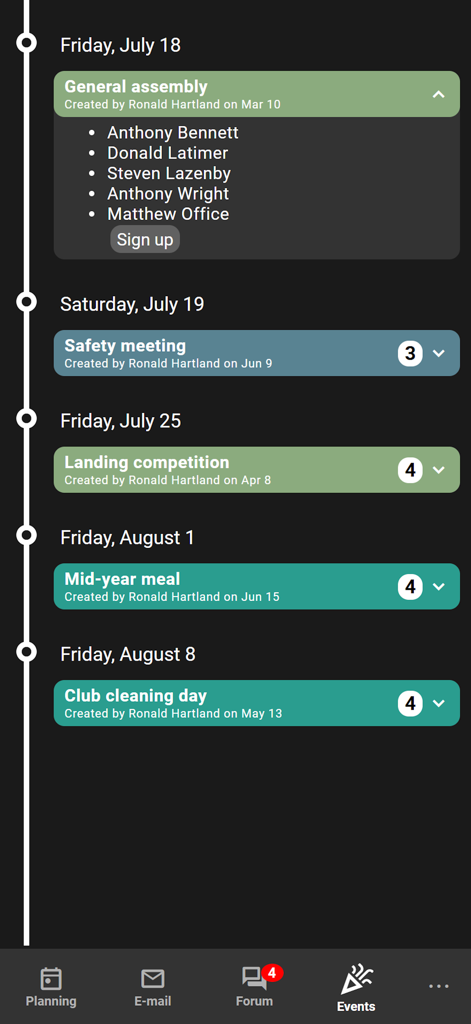 Click n' Glide - Screenshot of the Click n' Glide app showing a timeline of upcoming gliding club activities and events