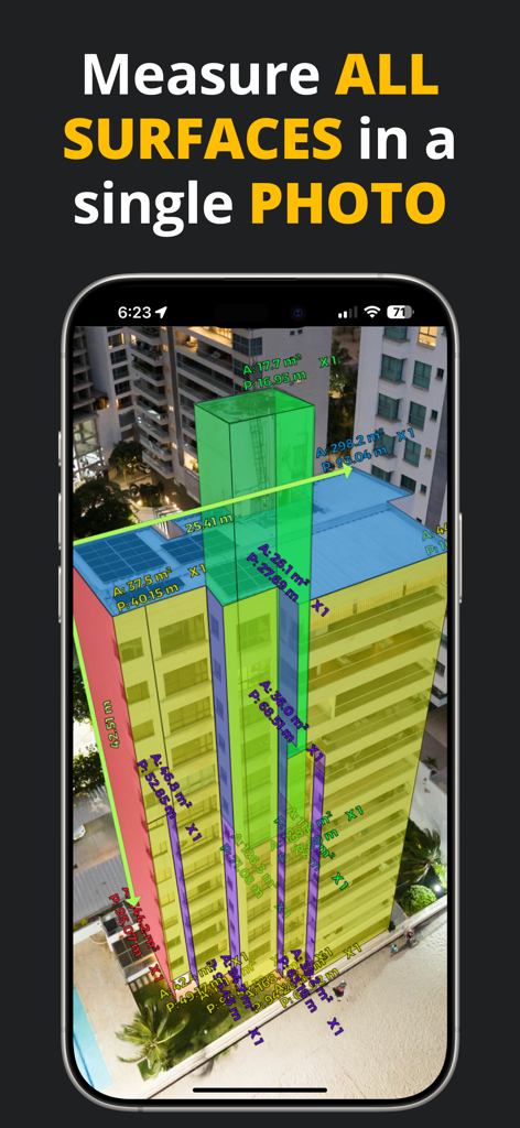 MIDDELO Facade Measuring Tool - MIDDELO app interface showing multiple color-coded building surface measurements on a skyscraper facade from a single photo