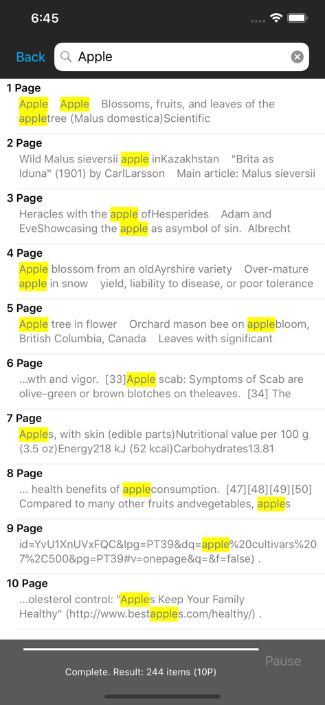 문서 내 강조 표시된 키워드와 페이지 번호를 보여주는 SideBooks 앱 텍스트 검색 인터페이스