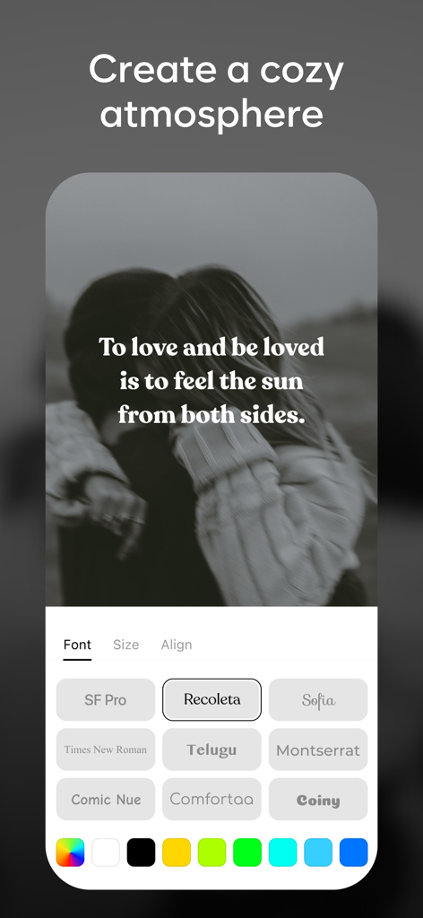 Aura - Daily Affirmations AI - Interface of Aura app for customizing daily affirmation quotes with various fonts and background colors