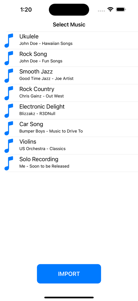 Super Slow Downer - Music selection screen showing a list of songs and an import button in the Super Slow Downer app
