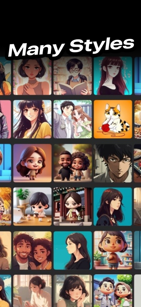 Cartoon Photo Editor ToonShot - A grid showcasing a variety of anime and cartoon portrait styles available in the ToonShot app.