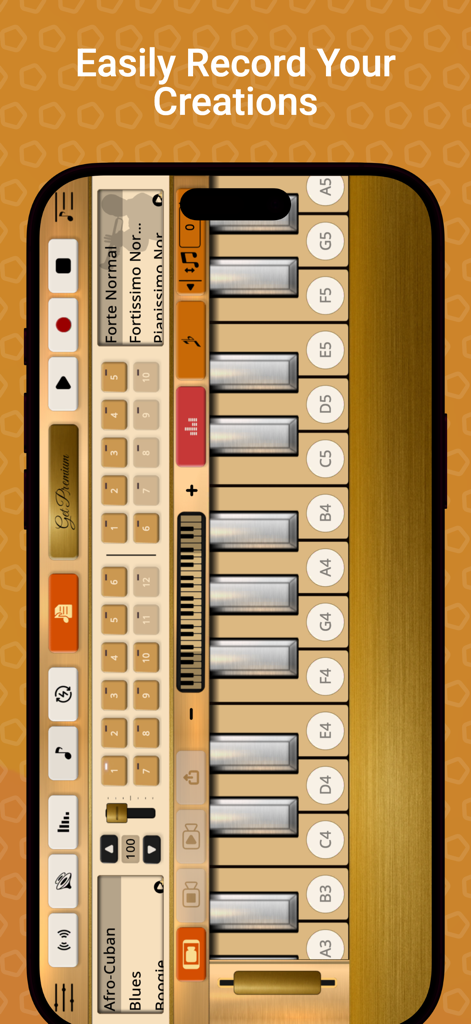 La interfaz de grabación de la aplicación Trumpet Sim que muestra teclas musicales y controles de grabación