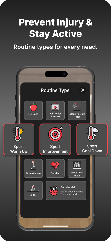WeStretch: Stretching & Splits - Tela do aplicativo WeStretch mostrando um menu de tipos de rotina de alongamento, como melhoria de esporte e alívio da postura sentada