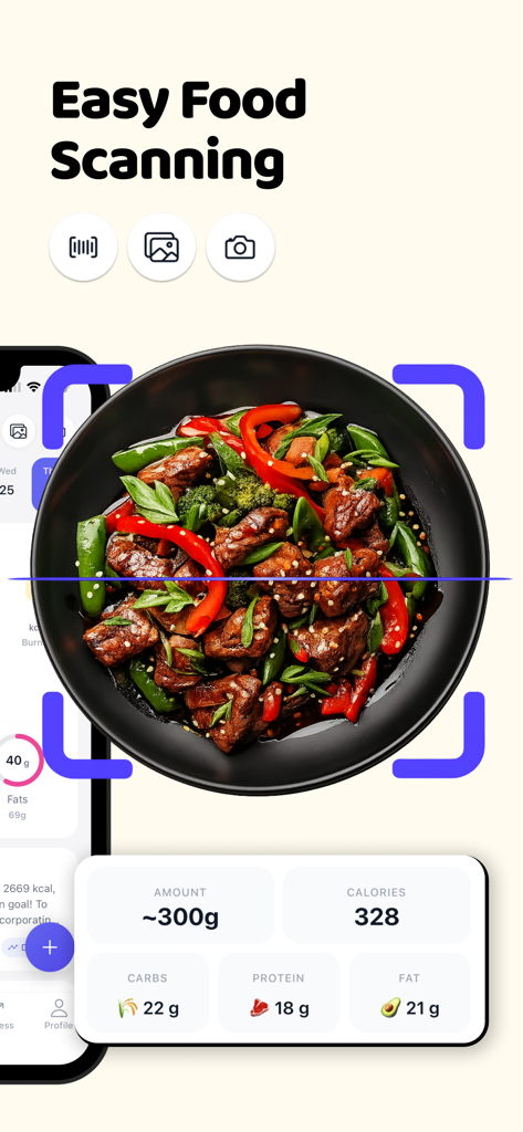 Calorie Tracker AI Food Coach - AI-powered calorie tracker app scanning a meal to show calories and macro nutrition data