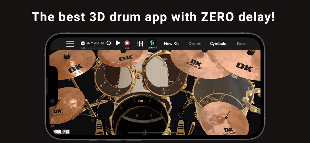 DrumKnee 3D Drums app interface displaying a realistic 3D drum kit on a smartphone screen