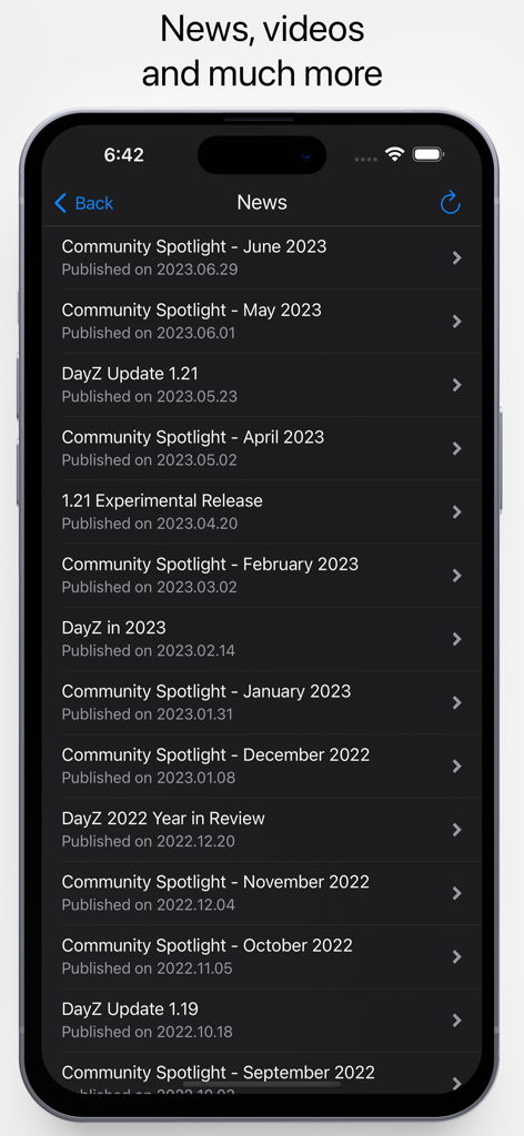 Pocket Wiki for DayZ - Pocket Wiki for DayZ app news screen showing community spotlights and game updates in a dark theme