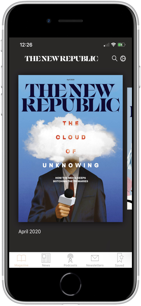 The New Republic app interface displaying a digital magazine cover and navigation menu.
