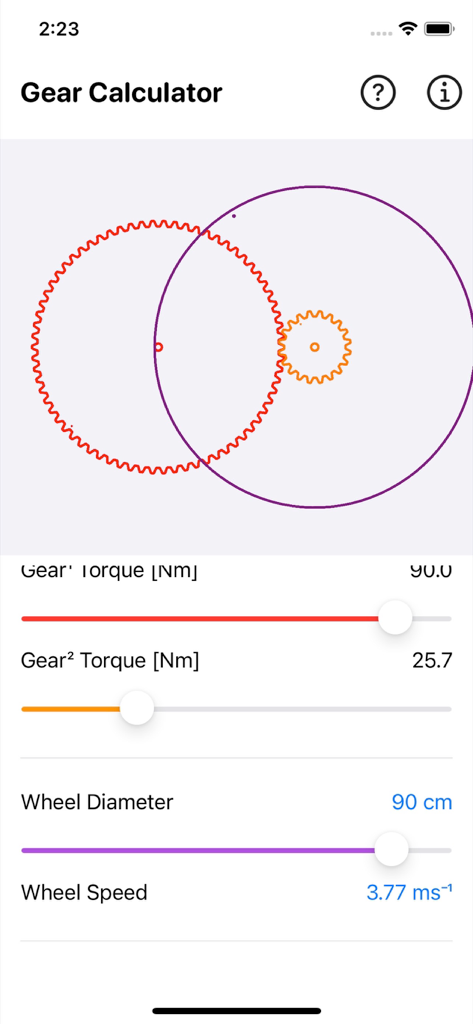 Gear Simulation & Calculation - Mobile app interface for gear torque and wheel speed calculation with a visual simulation