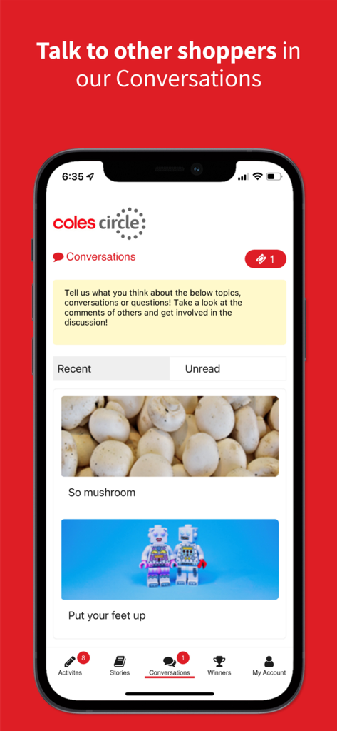 Coles Circle - Screenshot of the Coles Circle app conversations page showing community discussion topics and navigation menu