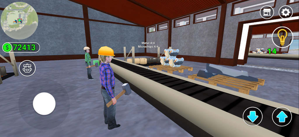 Car Repair Center 3D - A character in a hard hat standing near an assembly line with engine parts in a mechanic simulator garage