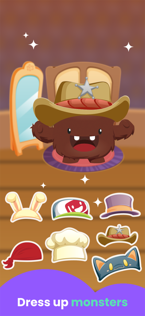 Eine niedliche braune Monsterfigur, die einen Cowboyhut trägt, in einem Anziehspiel für Kinder