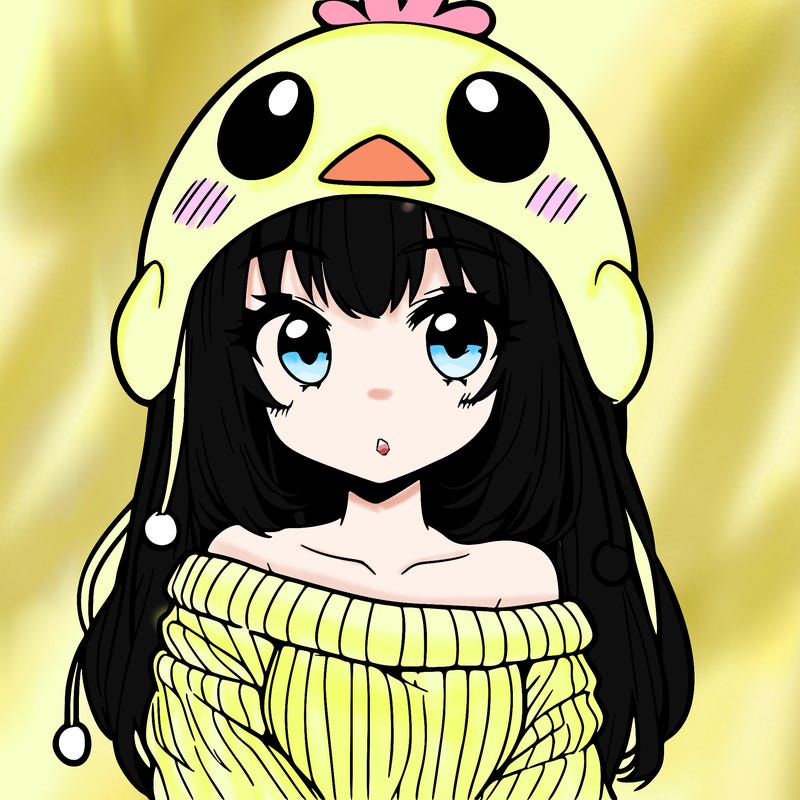 anime girl with chick shaped hat with sweater with bare shoulders with bangs covering them one eye with low tail