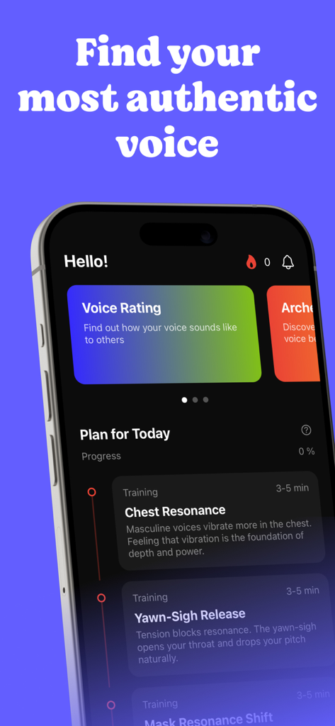 Voicepill: Voice Training - Voicepill app interface displaying a daily training plan with chest resonance and relaxation exercises for voice masculinization.