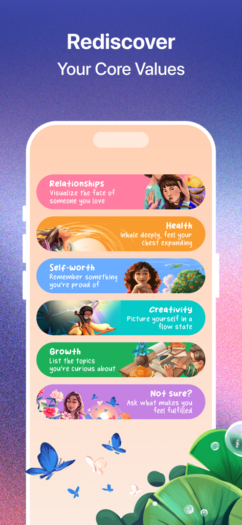 Elixir: Find Balance & Purpose - A smartphone display showing the Elixir app's core values interface with categories for relationships, health, self-worth, creativity, and growth.