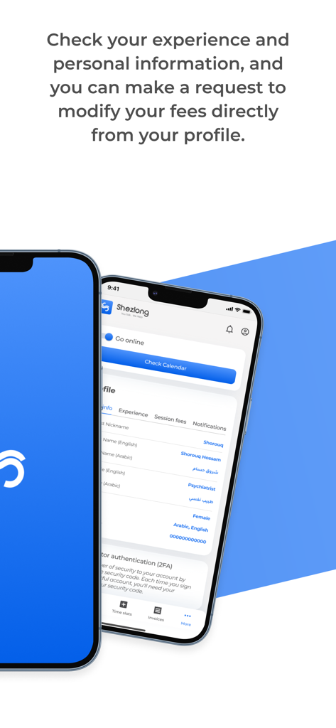 Bildschirmansicht der mobilen App zur Verwaltung des professionellen Profils und der Sitzungsgebühren für Psychologen in der Shezlong Therapeut App.