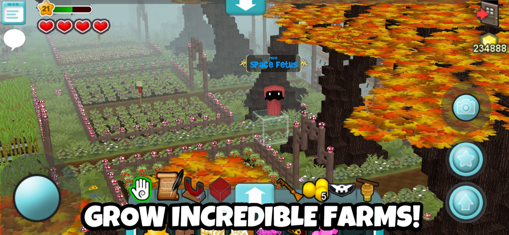 Cubic Castles - Sandbox MMO - Un personaje con una capucha roja de pie junto a una granja en un mundo otoñal de bloques con el texto Cultiva Granjas Increíbles.