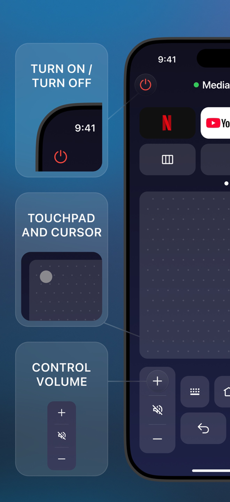 Universal TV Remote Control ⁺ - Smartphone screen showing universal tv remote app with touchpad and volume controls
