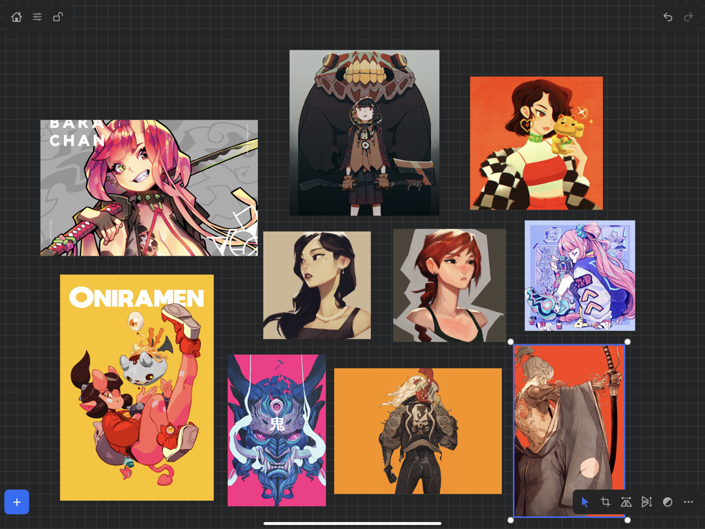 VizRef - Digital art reference board in the VizRef iPad app showing various character illustrations on a dark grid background