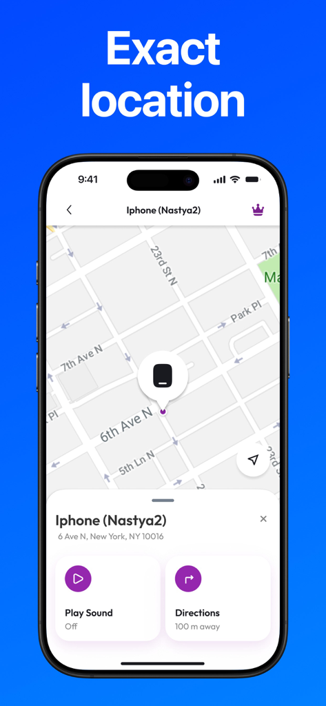 Find my Pods & Device - Interface of the Find my Pods and Device app displaying a lost iPhone's exact location on a street map with navigation options