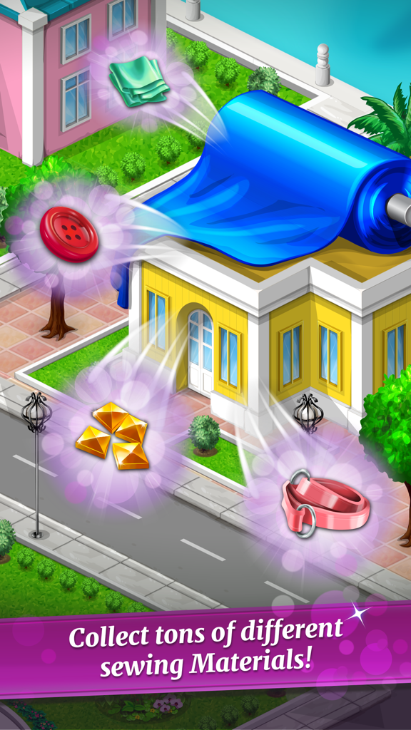 Raccolta di diversi materiali da cucito come stoffa e bottoni nel gioco Fashion City 2