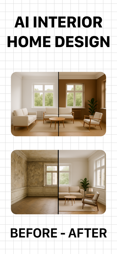 Floor Plan & AI Home - CamPlan - Comparación de antes y después del rediseño de interiores de un hogar con IA