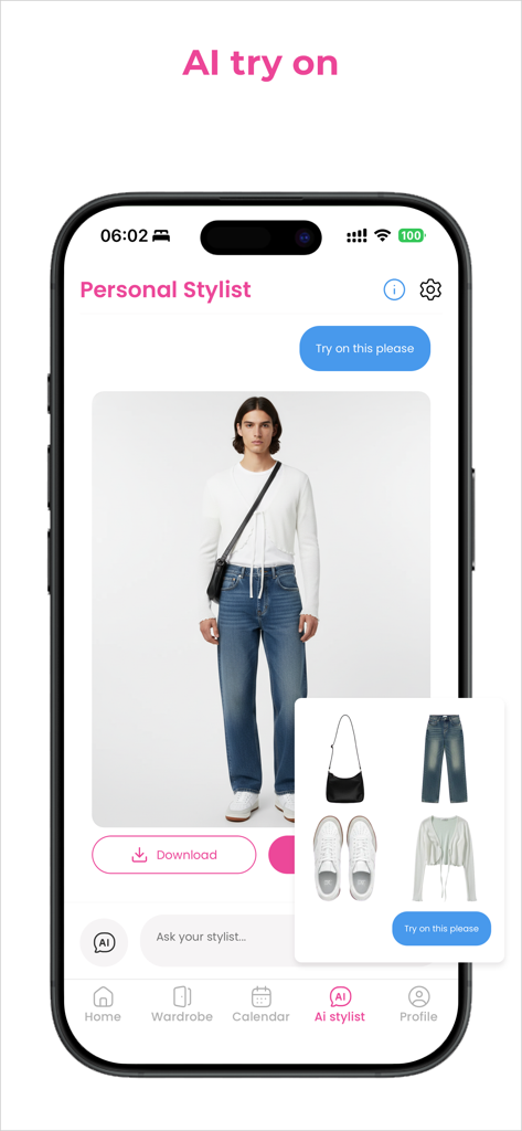 Bildschirm der Sty AI App, der die Funktion der virtuellen Anprobe mit einer Person in einem kuratierten Outfit und einer Chat-Assistenten-Oberfläche zeigt