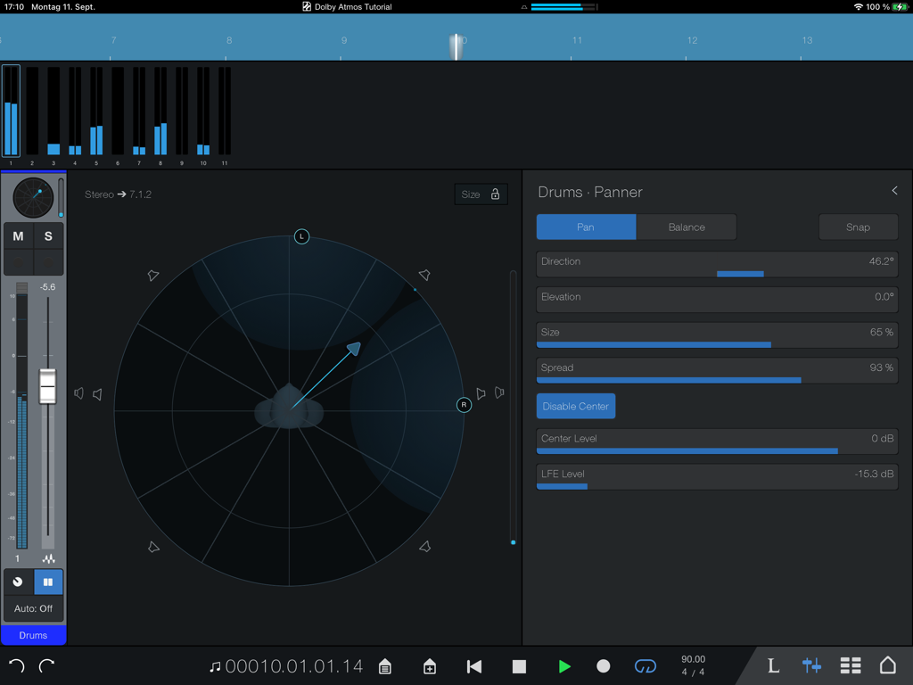 Studio Pro Remote app interface showing Dolby Atmos spatial panning controls for drums on an iPad